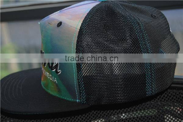 promotional sublimation printed 3d embroidery logo flat brim mesh hat