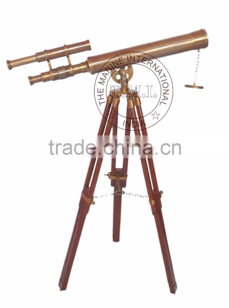 BROWN ANTIQUE BRASS TELESCOPE WITH WOODEN STAND - COLLECTIBLE MARINE 18" TELESCOPE ON STAND