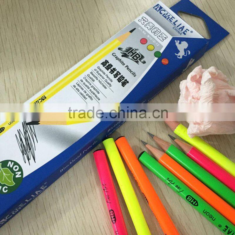 7" standard size round shape soft wood neon color body pencil with dipped top