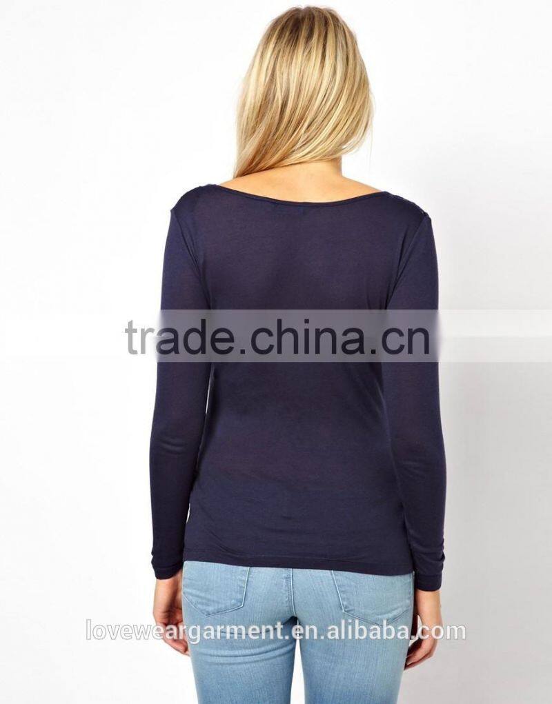 Wholesale plain blank maternity cotton spandex long sleeve t shirt with lace