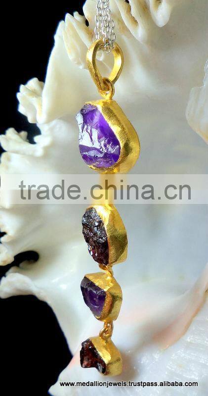 Kyanite Amethyst Citrine & Garnet Rough Gemstone Pendant, 925 Solid Sterling Silver Pendant, Designer Raw Bezel Pendant