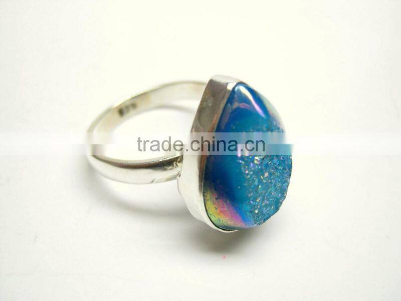 Coated Golden Dream Green Druzy Trillion Sterling Silver Jewelry, 925 Solid Sterling Silver Gemstone Ring,Designer Druzy Jewelry