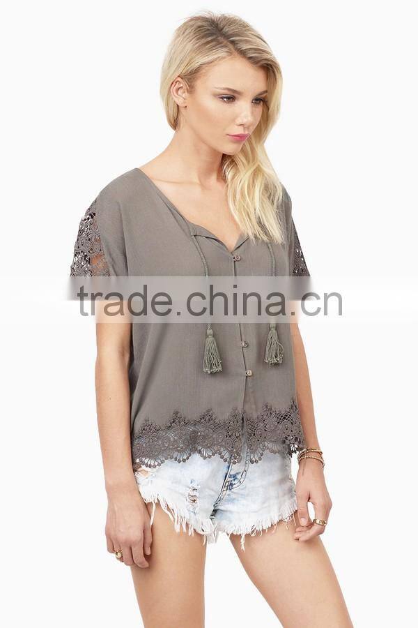 New arrival 2016 fashion embroidery bohemian blouse clothing for women wear, soft jersey lace insert women blouse with button