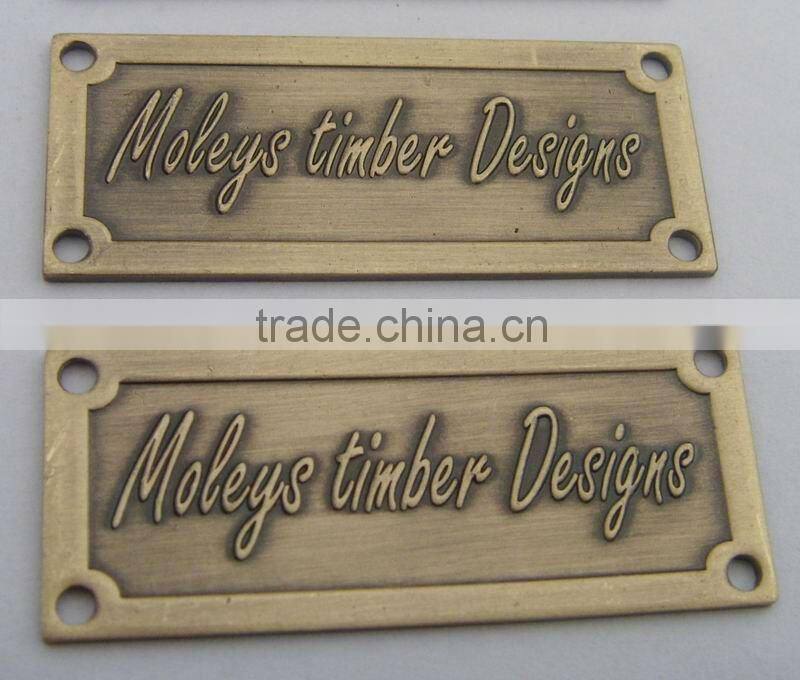 Brass name plate, metal furniture logo,, vintage metal embossed logo