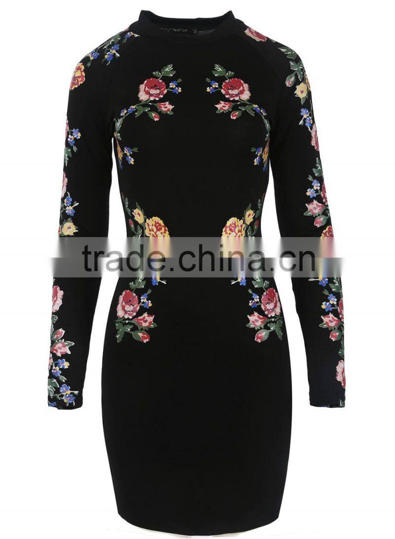 2016 Autumn New Arrival 3D Floral Print Stand Collar Bodycon Dresses Black Long Sleeve Midi Dresses OXL141117
