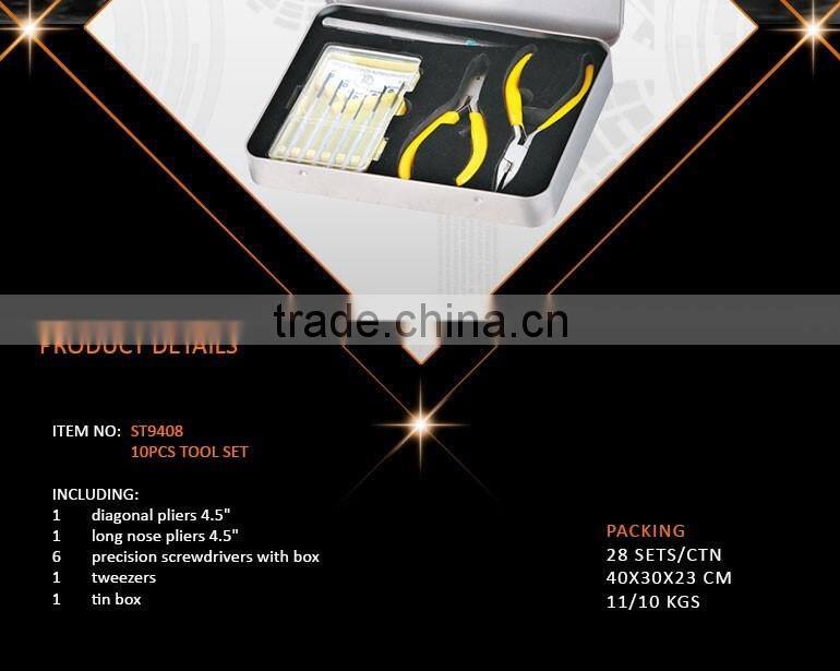 10Pcs Factory Supply Economic Tin Box Tool Set with Precision Screwdriver and Pliers