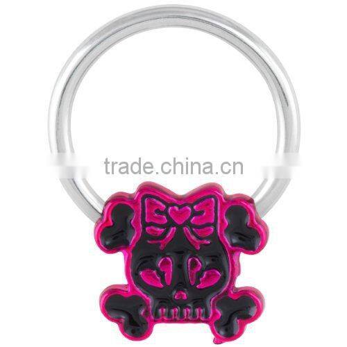 Pink & Black Enamel Girly Skull Captive Bead Ring - 14G