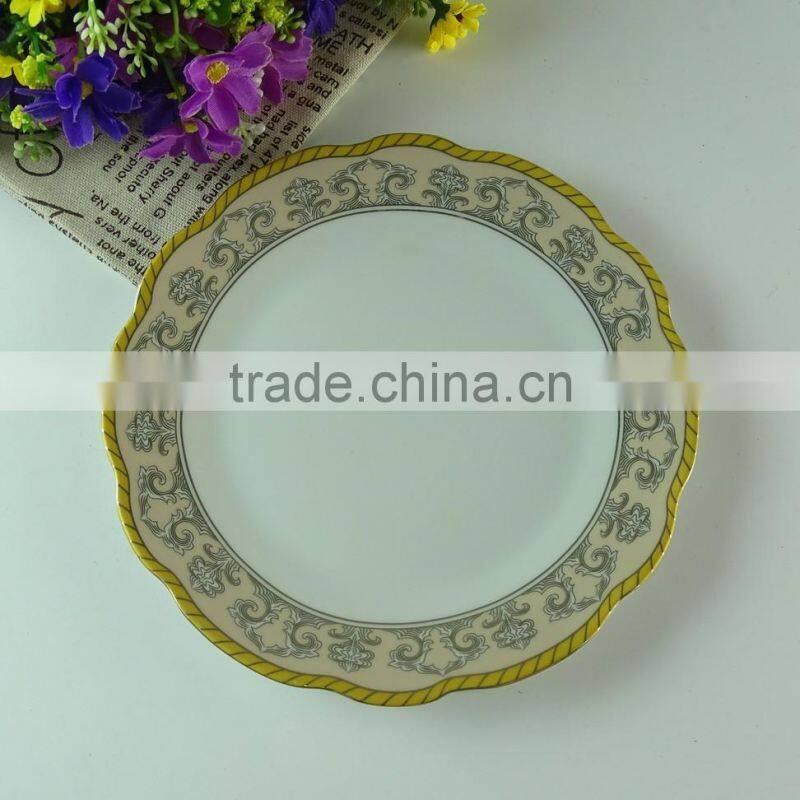 New stock porcelain dinner plate with decal design and gold line, cheap round porcelain plate