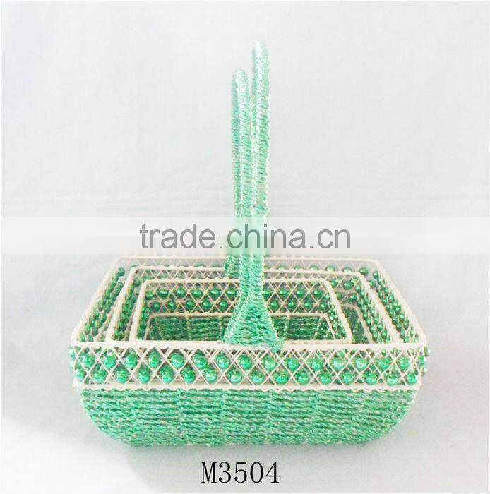 Set of Three Green Paper rope storage basket with bead