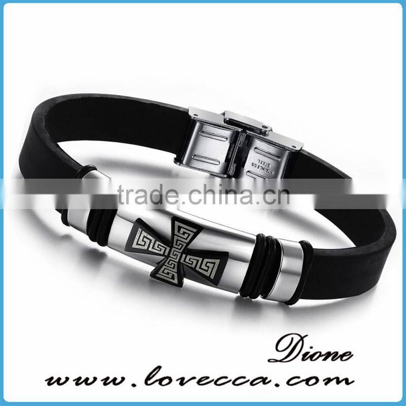 Charm Rubber Silicone Chain Gold Cross wristband bracelet for mens with stainless steel buckle