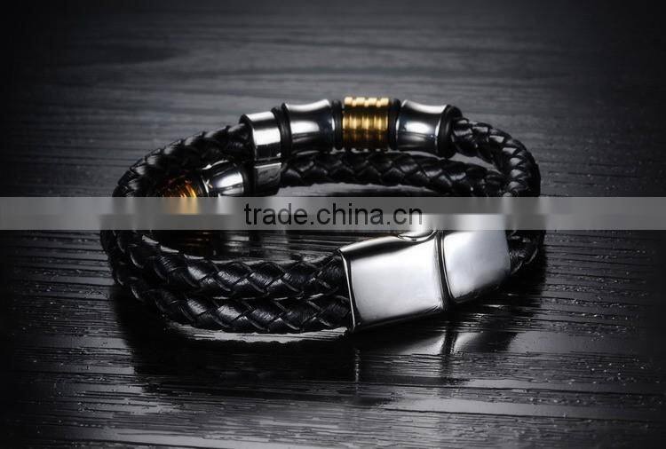 Silver Plated Stainless Steel Charms with Black Leather for Men Magnetic Bracelet