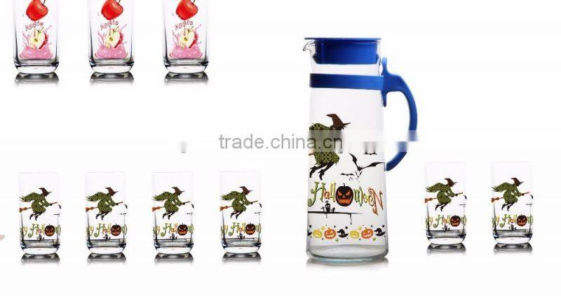 classic Glass water jug 1500ml color printing glass jug and 6pcs 250ml cup set