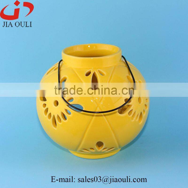 New deisgn home decoration yellow ceramic hurricane lamp, lantern