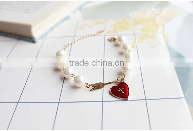 Cupid arrow love bracelet gold arrow red enamel cross heart charms pearl bead link bracelet