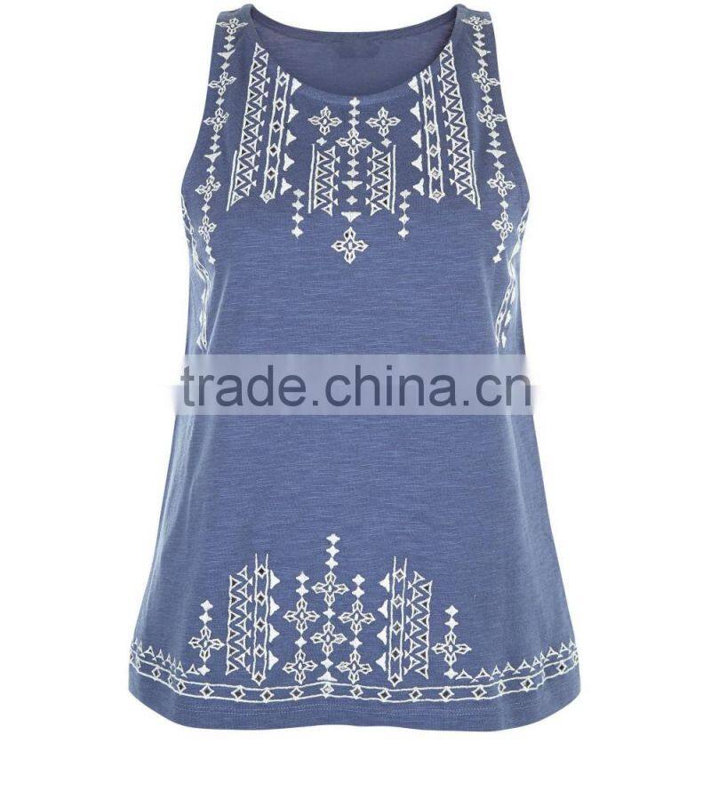 2016 Fashion Summer Blue Embroidered Trim Sleeveless Top HST8042
