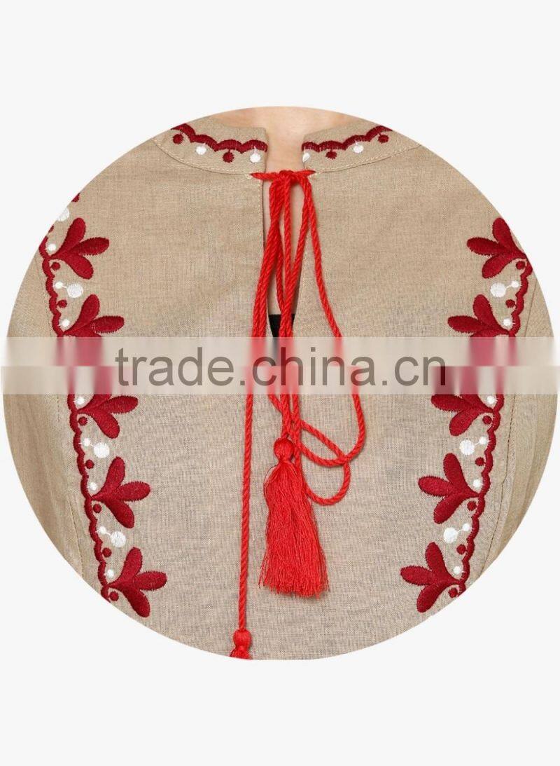 Boho Ukrainian Designs Beige Embroidered Shift Dress Bohemian Clothing Style Long Sleeve Maxi Dress HSd5083