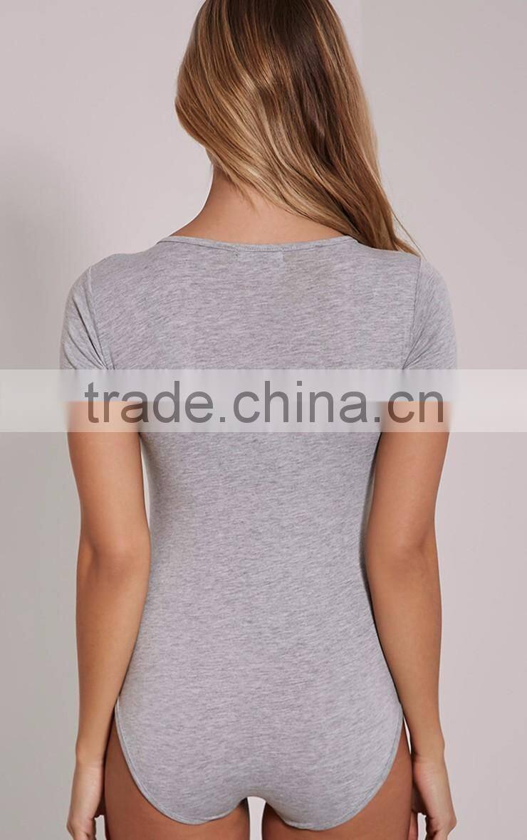 Women Body Shaper Basic Grey Round Neck Bodysuit Short Sleeve 95 Cotton 5 Spandex Jumpsuit