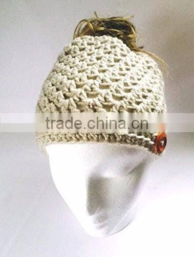 Wood Button Pony Tail Holder Crochet Hat