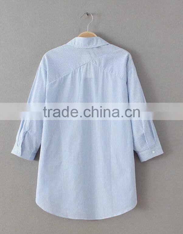 Runwaylover EY2326B 2017 Latest Blouse Design Women's Blue Striped Cold Shoulder tie sleeve shirt