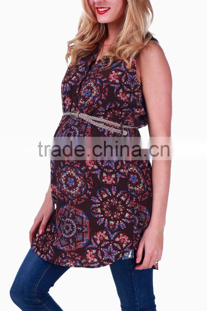 BROWN PAISLEY PRINT BELTED MATERNITY/ NURSING TUNIC