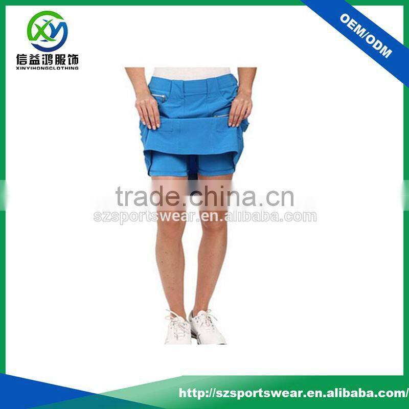 2016 newest design polyester fabric front pocket pure color golf skirt