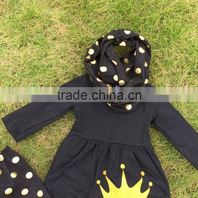 Fall/winter Scarf OUTFITS baby clothes girls boutique clothing kidsblack gold dot crown top sets girls pant sets