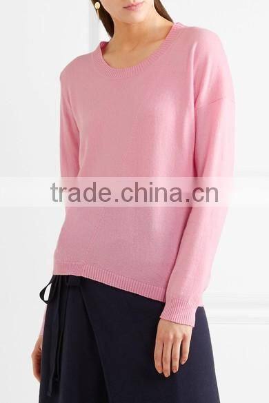Crew Necked Pink Colored Asymmetrical Hem 100% Cashmere Sweater Women