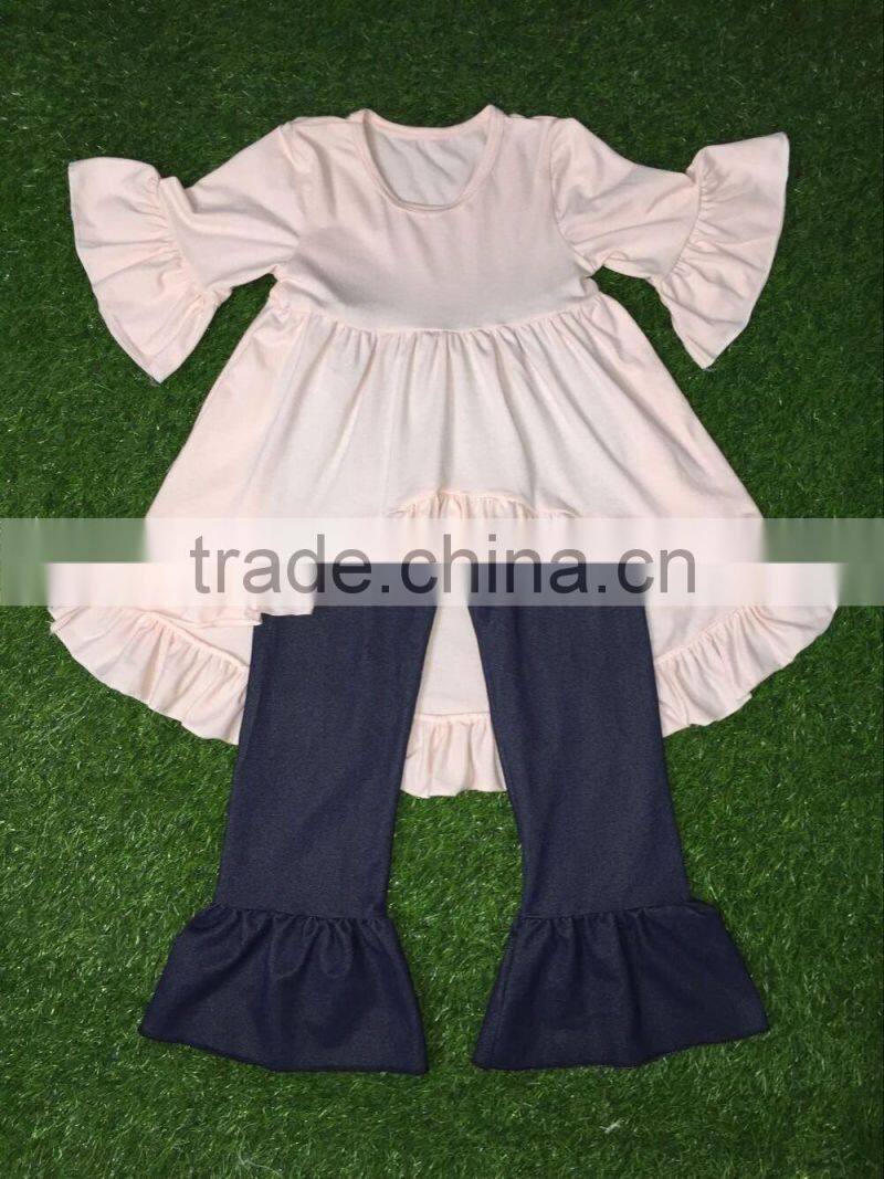 Hot sale latest dress pattern 2016 online boutique wholesale ruffle raglan sleeve pants baby frock designs fancy outfits remake