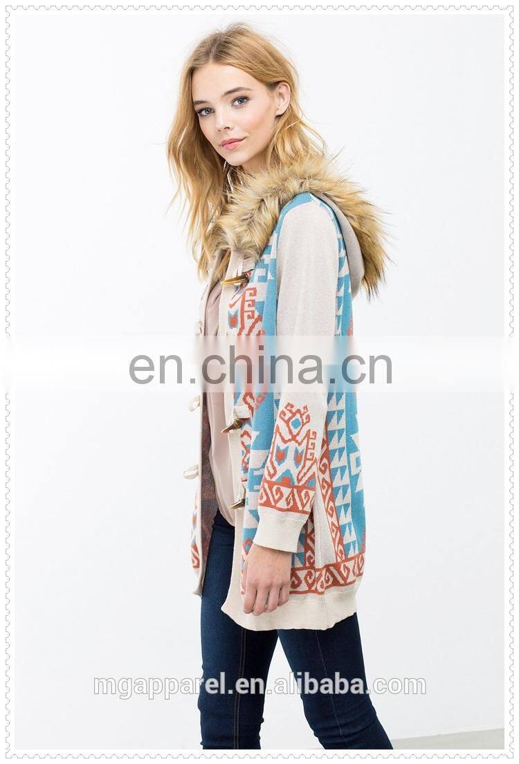 Glamour women clothes geo printed fur trim sweater cardigan with fur trimmed hoodie