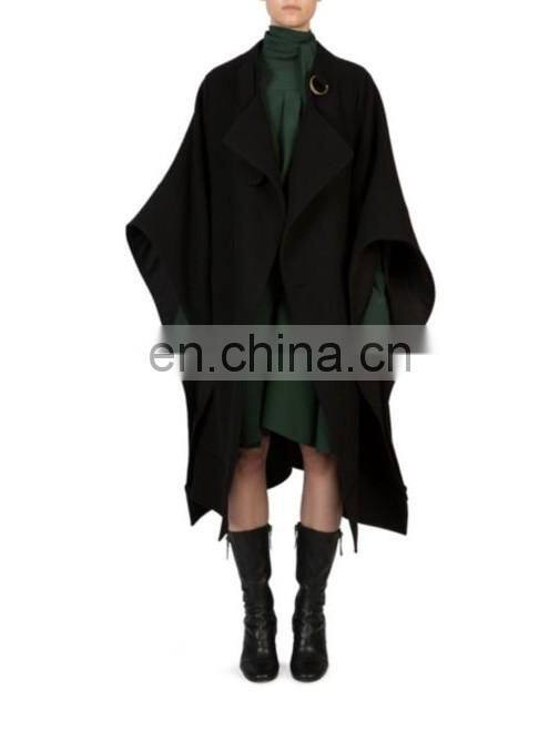 Ladies oversized wool-blend cape buckled collar open front heating mantle dust coat