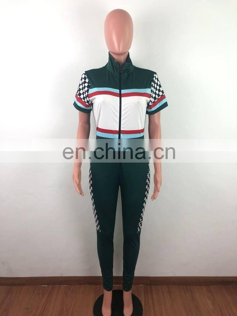 Summer Sexy V Neck Jumpsuits Plaid High Waist Rompers Front Zipper Womens Jumpsuit Bodycon Overalls Short Sleeve Playsuit