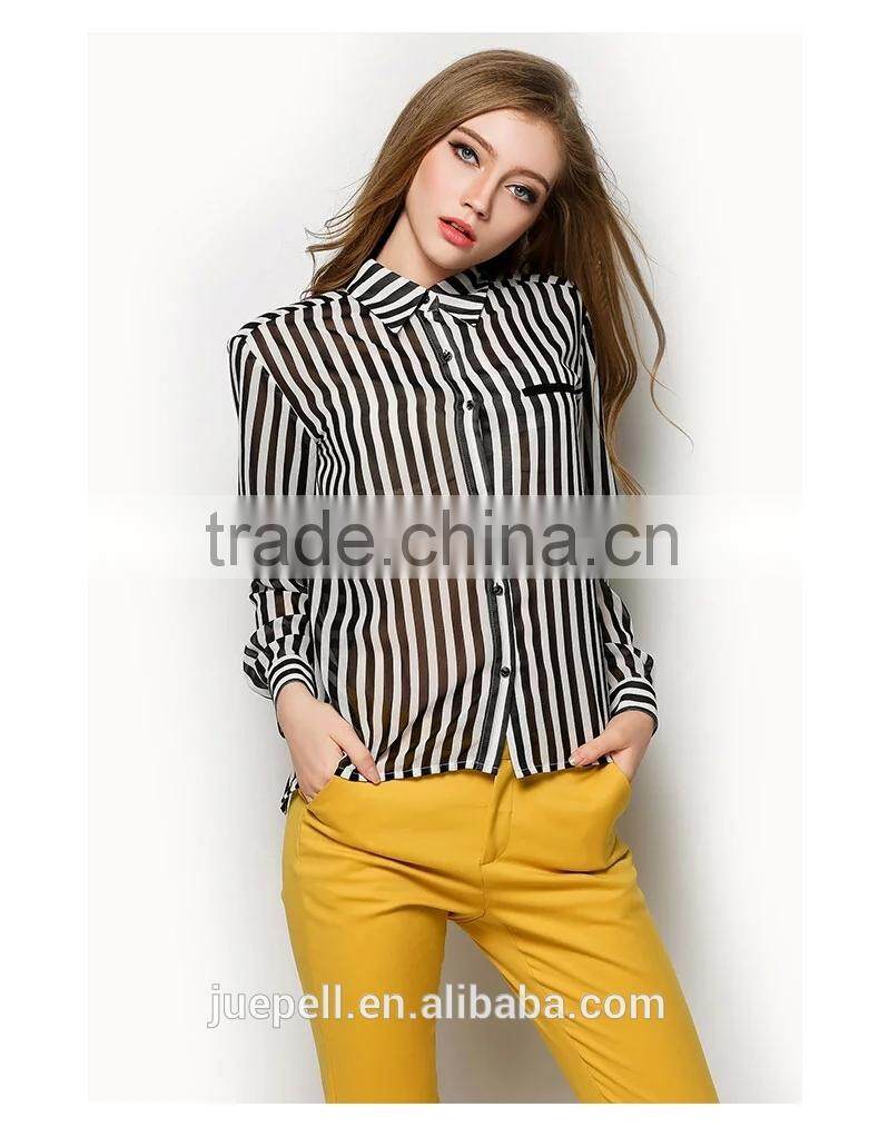 2015 Ladies' white and black stripe Long sleeve Chiffon Blouse for Summer