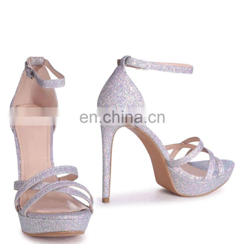 Silver unique design glitter ladies high stiletto heels platform multiple front strap sandals women footwear shoes