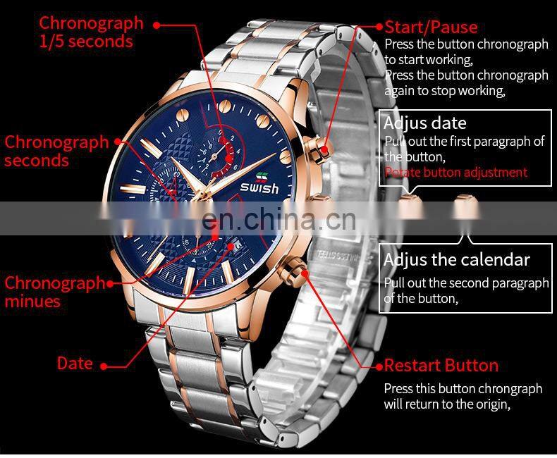 SWISH 0025 Top Brand Luxury Men Watches Waterproof Stainless Steel Wristwatch Men's Chronograph Casual Quartz Watch
