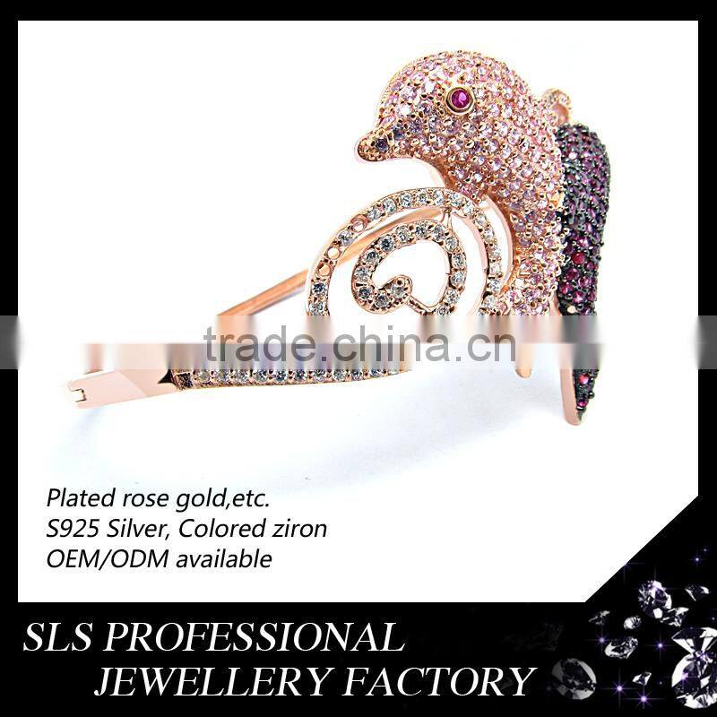 Rose gold plated skull bangle setting ruby and white 3A CZ micro paved fish designs cuffs bangles