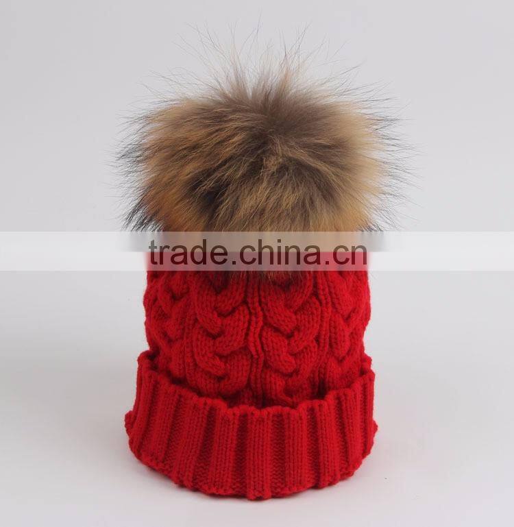 Custom Wool Knitted Racoon Fur Pom Pom Beanie Hat