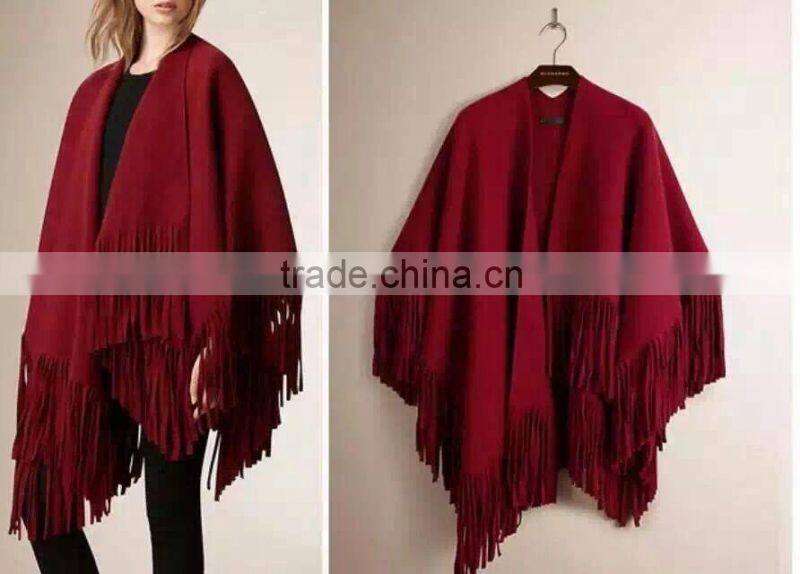 Latest Style Navy Blue Color Tassel Poncho Wool Shawl