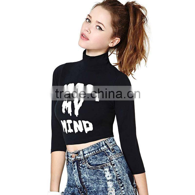 2016 pizza my mind printed turtleneck long sleeve crop top