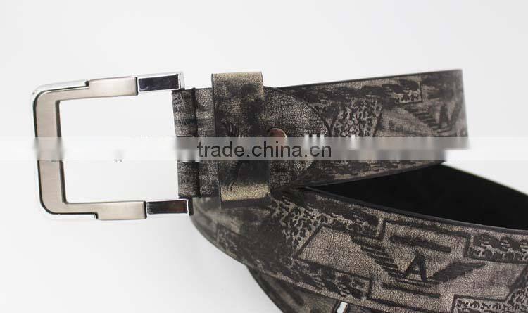 Fashion style black print pu leather belt for man with shiny metal square accessories in YiWu