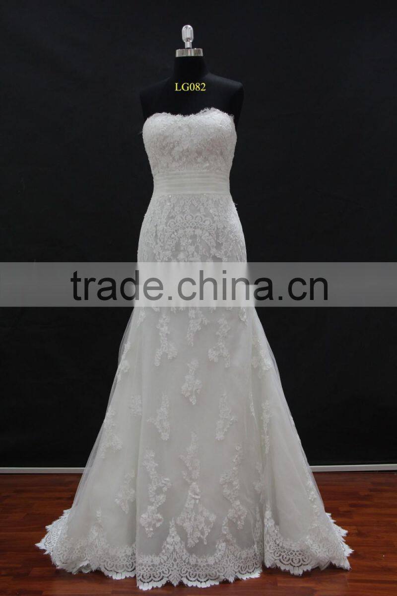 Real factory sample! organza drapping belt popular french lace applique wedding dress
