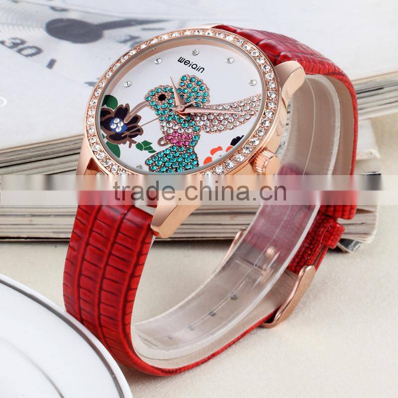 2016 luxury style genuine leather band diamond clock woman