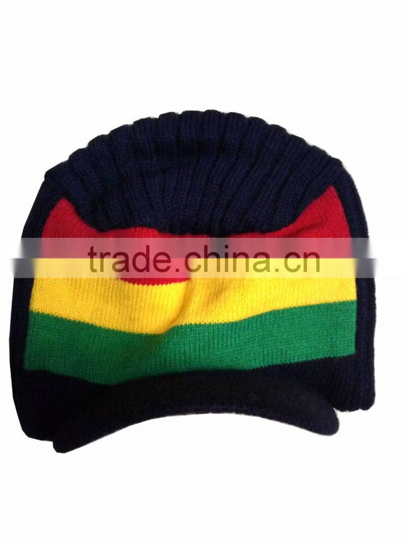 Top quality winter knit beanie crochet hats custom stripe rainbow hat with brim