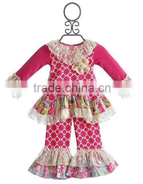 Yiwu koya christmas Stripes Outfit Kids Winter Boutique Giggle Moon Remake outfit with pant Ruffle adorable Baby Girl Outfit