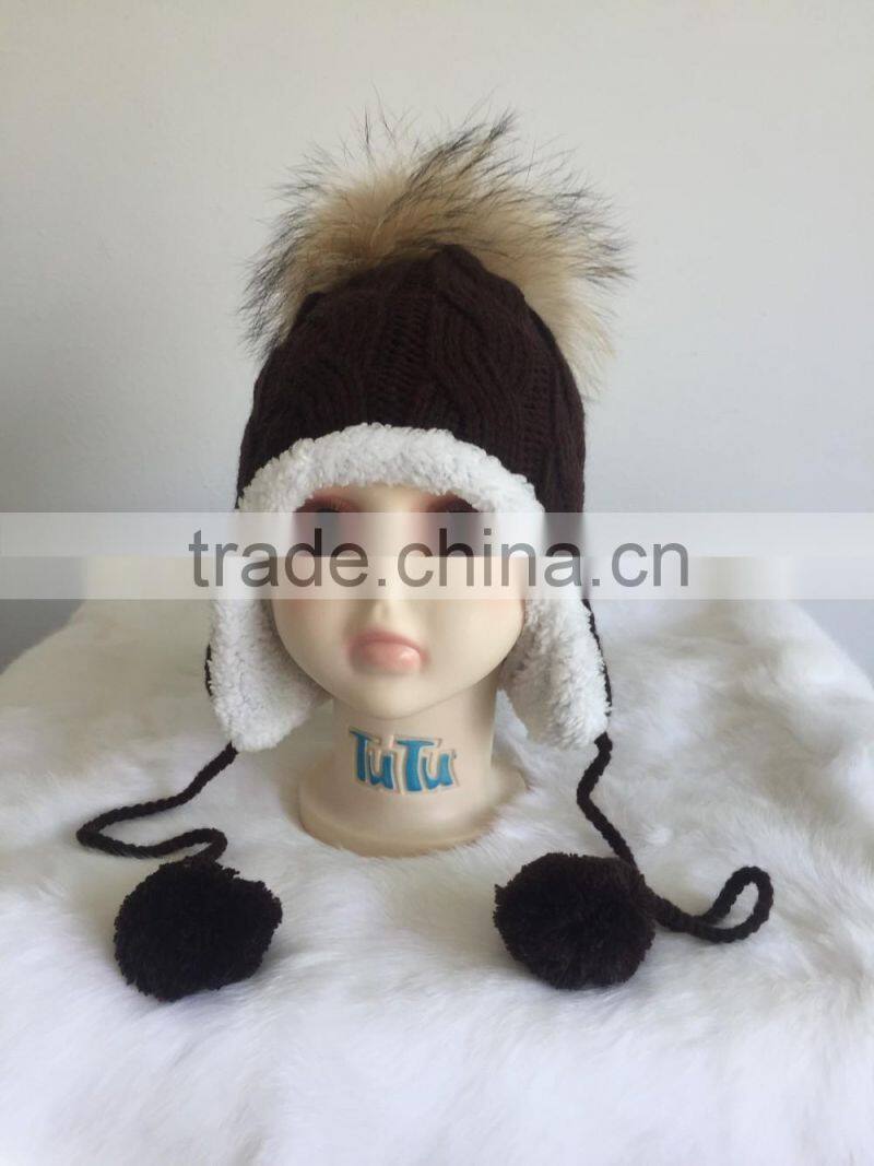 New Design Fur Pom Pom Hats Crochet Baby Hats Children Fur Bobble Hats