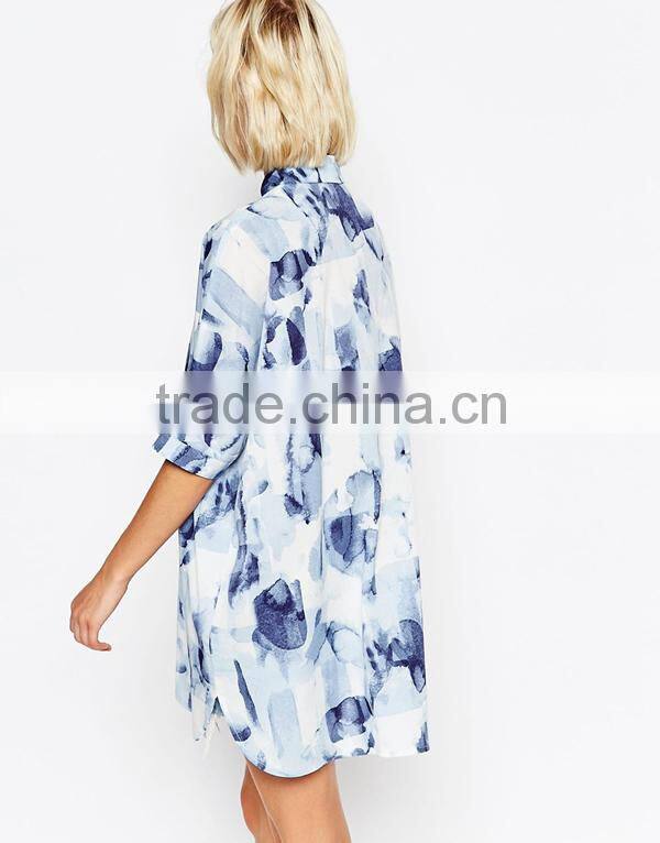 Blue Oversized Print new model woman blouse 2015