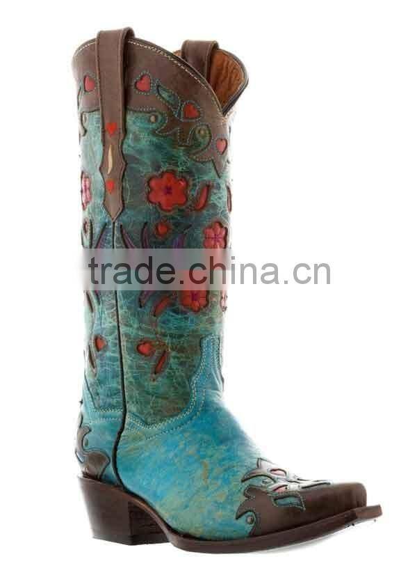 Womens Brown Turquoise Robin Flower Print Western Leather Rodeo Cowgirl Boots