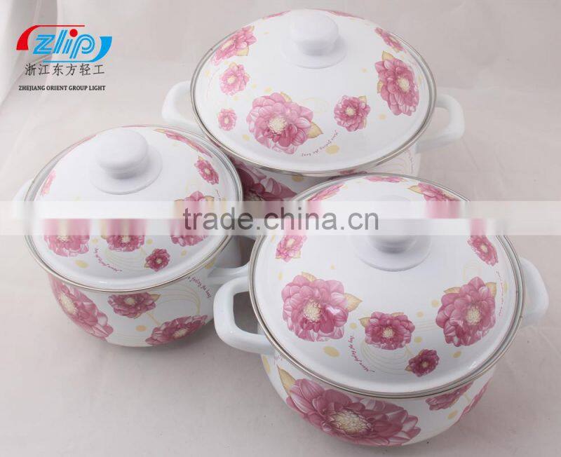 18-22CM 3 Pcs Enamel Casserole With Metal Cover Beautiful Decal