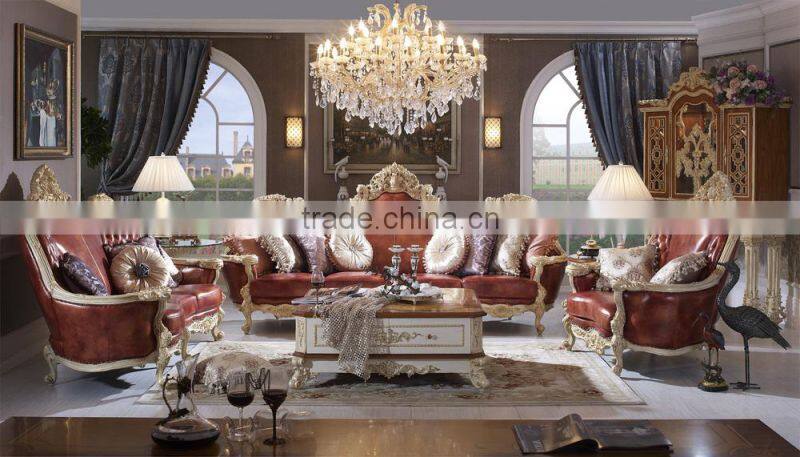 Luxury Solid Wood Red Leather Sofa, Royal Living Room Leather Sofa