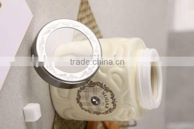 3pcs ceramic canister set with embossed design & bamboo stand