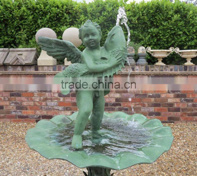 outdoor garden decoration bronze metal crafts large fish sculpture fountain with angel